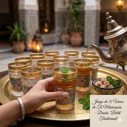 Pack de 12 Vasos de Cristal Decorados para Té Árabe - Estilo Dorado Tallado Tradicional