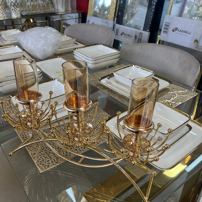 Castiçal em cristal dourado para 3 velas – Elegante centro de mesa