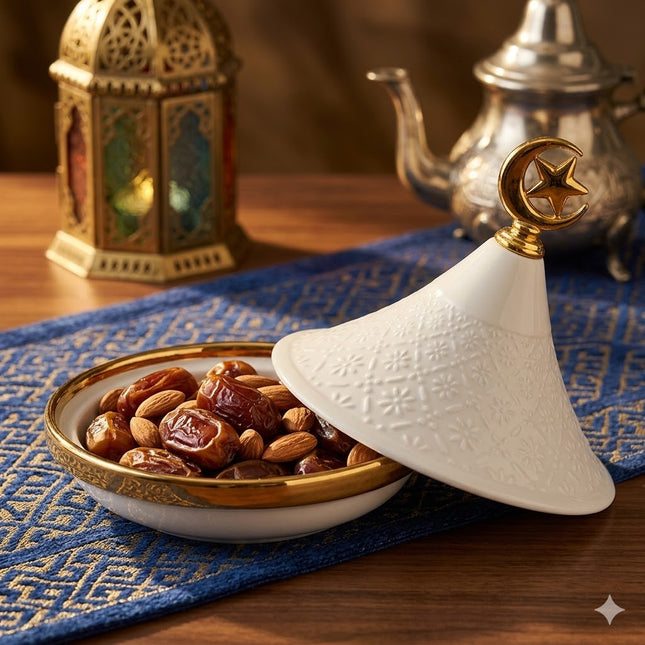Mini Tajine Decorativo Branco com Relevo Floral e Lua Dourada 🌙✨ - 12,5cm