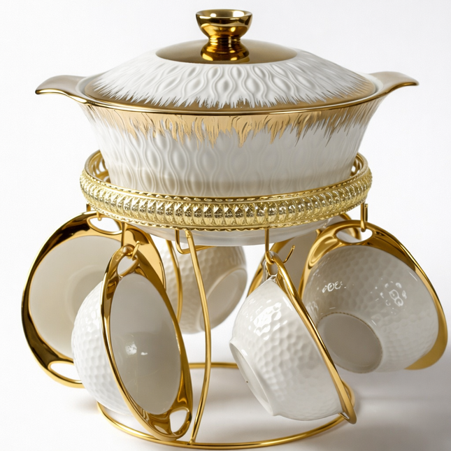 Soup Set with 6 Porcelain Cups and Gold Base — Elegant White and Gold Design