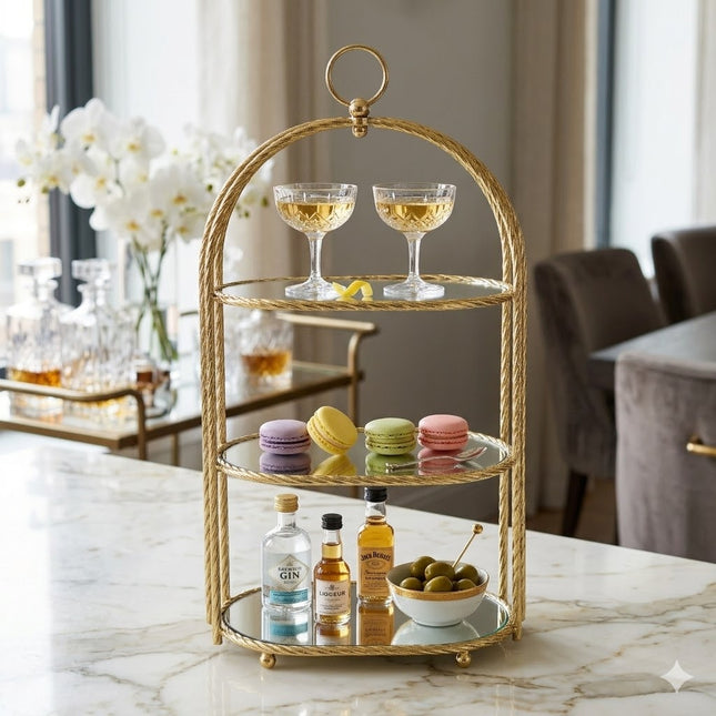 3-Tier Gold Decorative Shelf with Mirrors — Elegance for Home or Events