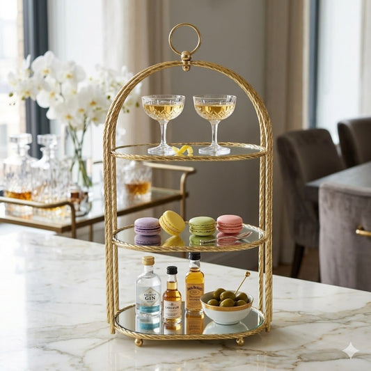 Estante Decorativo Dorado de 3 Niveles con Espejos — Elegancia para Hogar o Eventos