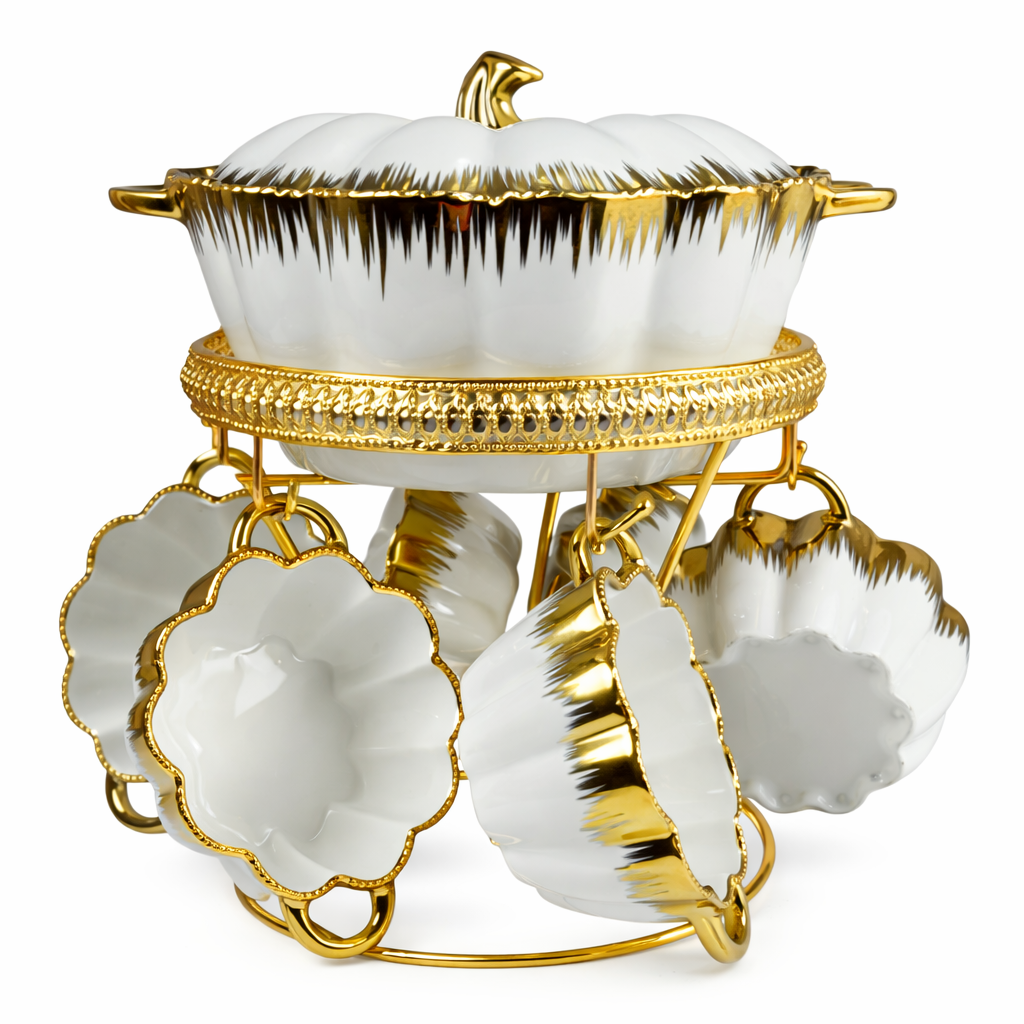 Set de Sopa con 6 Cuencos 🍲✨ Porcelana Blanca con Detalles Dorados y Soporte de Lujo 2L