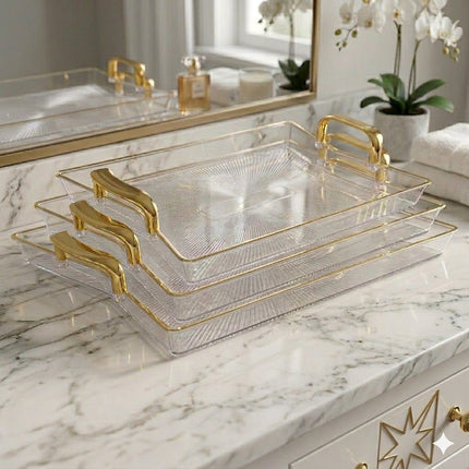 Set of 3 Rectangular Plastic Trays with Gold Handles ✨