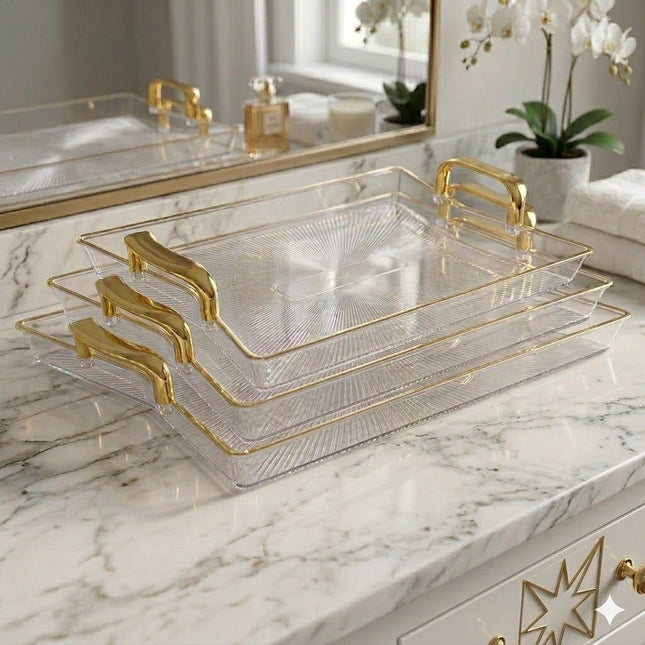 Set of 3 Rectangular Plastic Trays with Gold Handles ✨