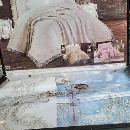 Conjunto de cobertor de renda turca rosa - 6 peças | Elegância e Conforto