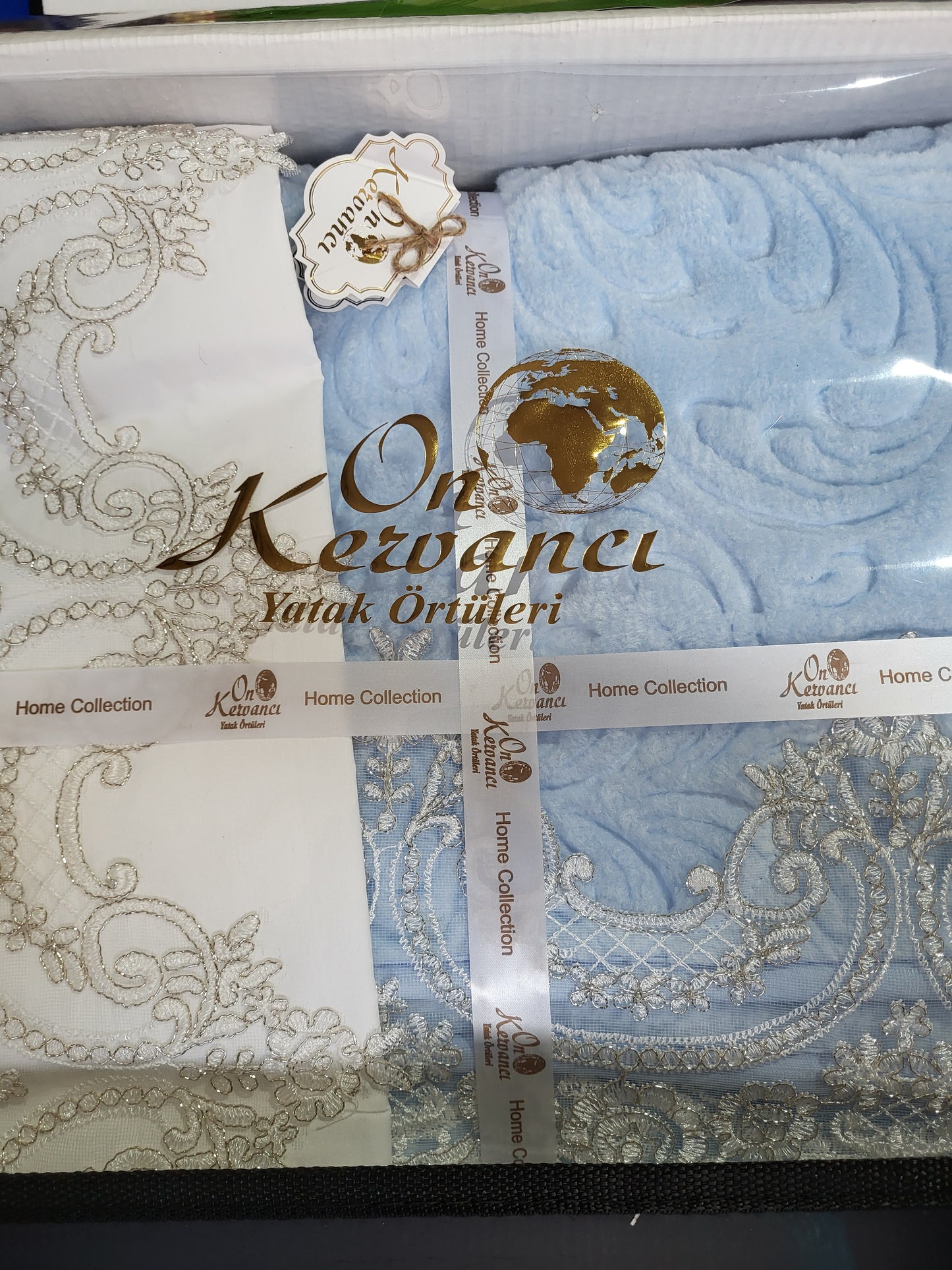 Juego de Manta de Encaje Turco Azul - 6 Piezas | Elegancia y Confort