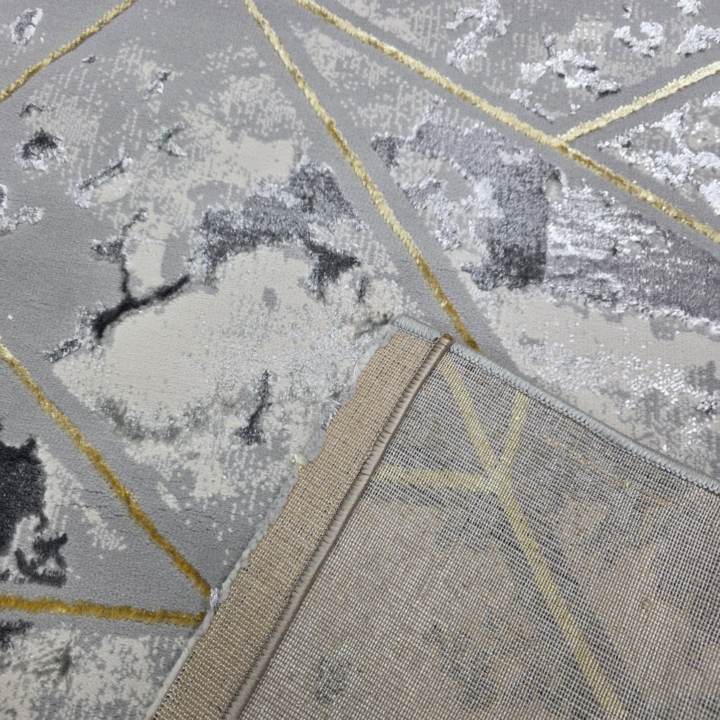 Alfombra Marmol 4D Gris / Dorado – Estilo Moderno con Patrón Geométrico y Toque Luxury