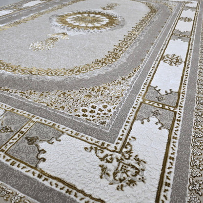 Alfombra NADOR Vizon y Crema con Marco Decorativo y Medallón Central ✨🤎🤍 — Estilo Tradicional Elegante con Profundidad y Contraste