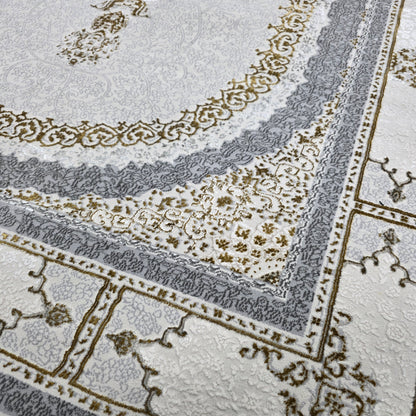 Alfombra NADOR Crema y Gris Claro con Medallón Clásico y Detalles Elegantes ✨🤍🩶 — Estilo Turco Sofisticado para Salón, Dormitorio y Pasillo