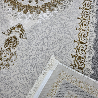 Alfombra NADOR Crema y Gris Claro con Medallón Clásico y Detalles Elegantes ✨🤍🩶 — Estilo Turco Sofisticado para Salón, Dormitorio y Pasillo