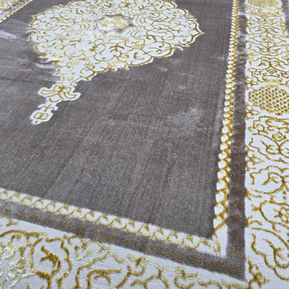 Alfombra Diseño Khanjar Marrón con Detalles Dorados – Elegancia Clásica Árabe