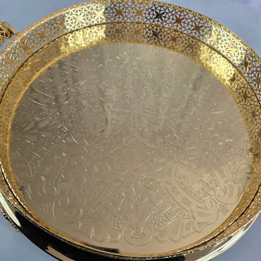 Bandeja Decorativa Redonda Dorada de 40 cm con Diseño Calado Elegante