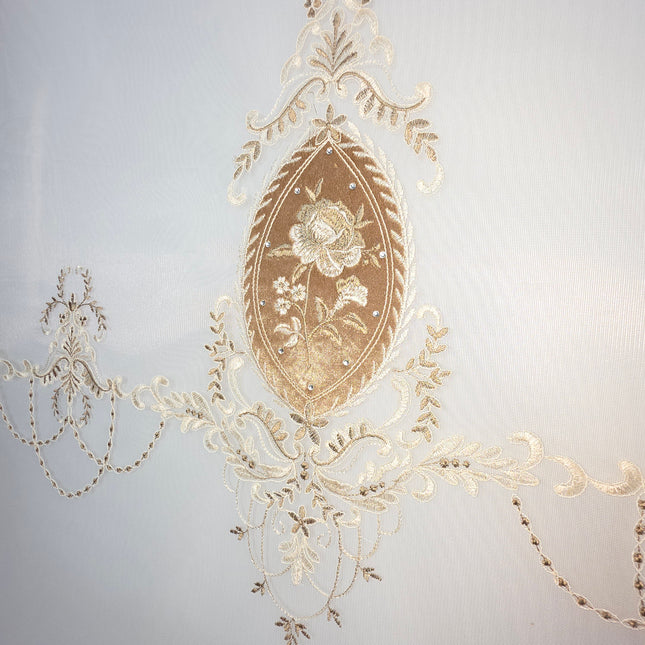 Estor Bordado Elegante de 2 Metros – Diseño Clásico en Tono Beige y Dorado - FLOR DE PIE