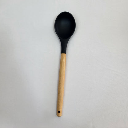 Set de 10 Utensilios de Cocina Lina con Soporte, Silicona Negra y Mango Madera