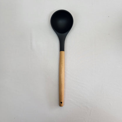 Set de 10 Utensilios de Cocina Lina con Soporte, Silicona Negra y Mango Madera