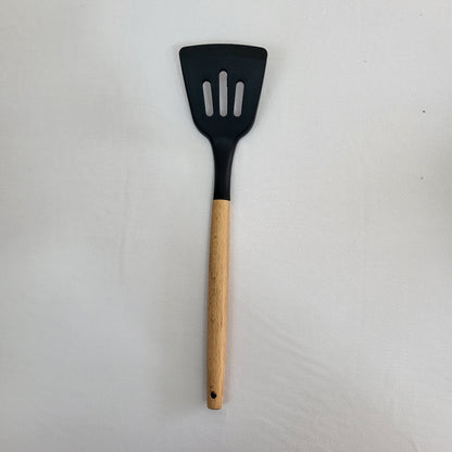Set de 10 Utensilios de Cocina Lina con Soporte, Silicona Negra y Mango Madera