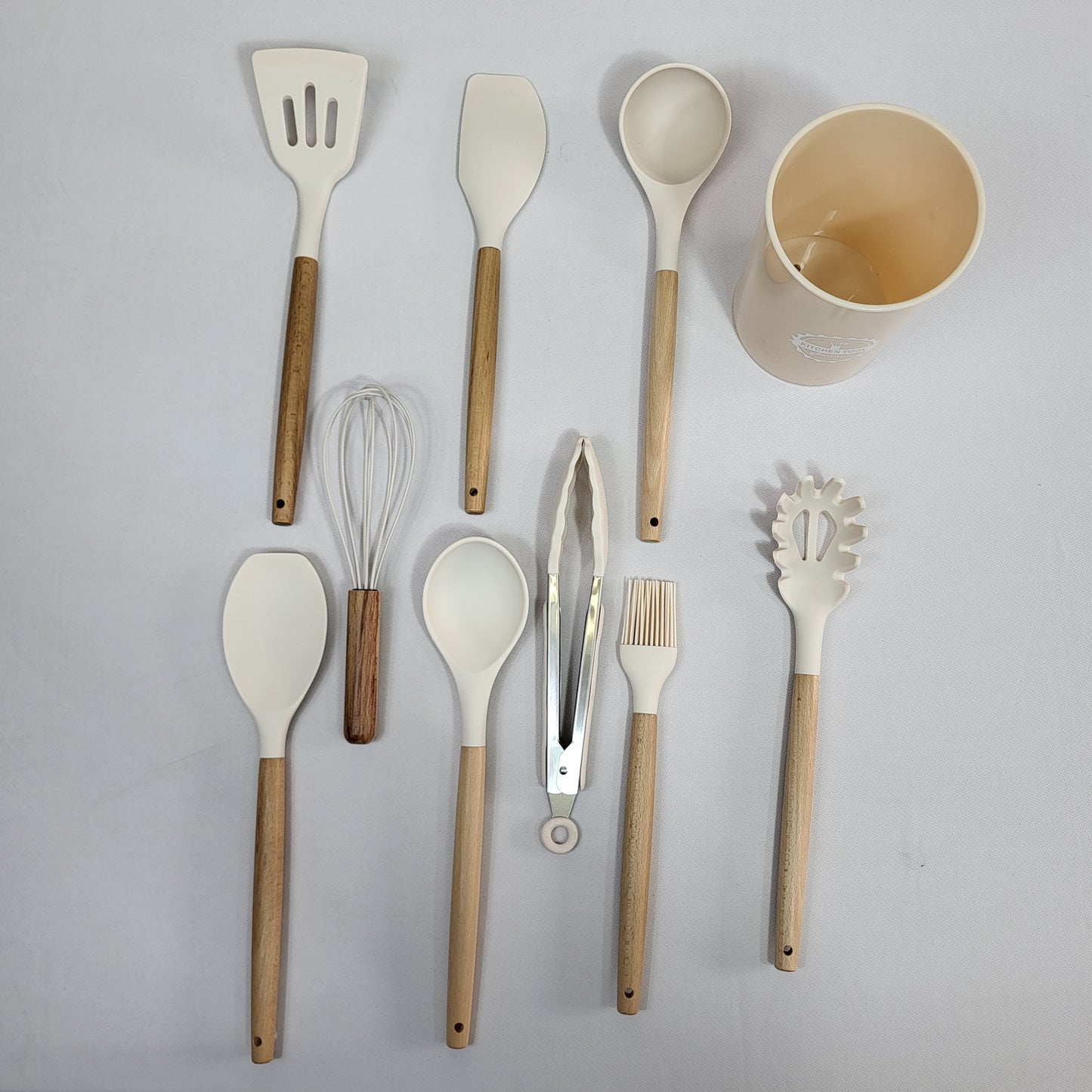 Set de 10 Utensilios de Cocina Lina con Soporte, Silicona Crema y Mango Madera