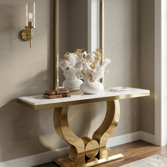 Mesa de entrada con base de mármol blanco 160*45*85" patas dorado acero