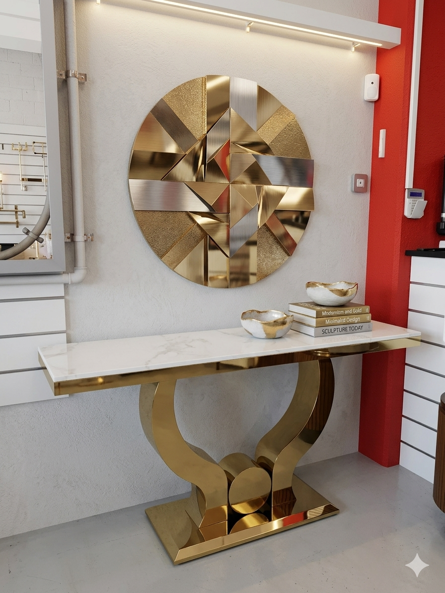 Mesa de entrada con base de mármol blanco 160*45*85" patas dorado acero