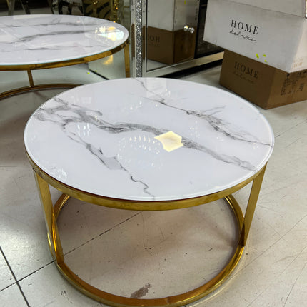 Set 2 mesasde centro con base cristal efecto mármol dorado/plateado