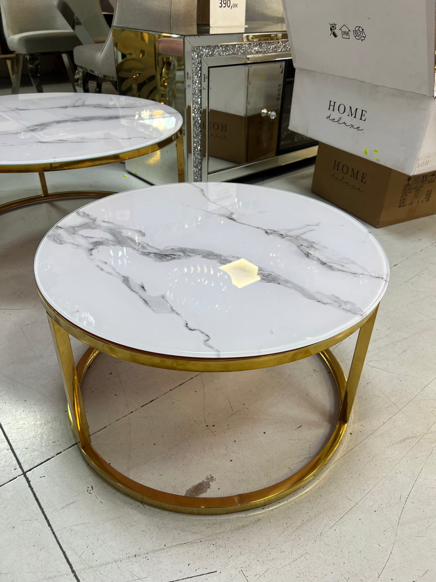 Set 2 mesasde centro con base cristal efecto mármol dorado/plateado