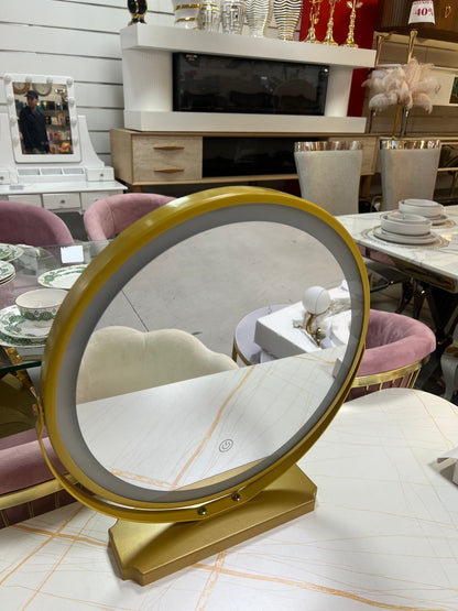 Tocador elegante con silla y espejo led blanco y dorado