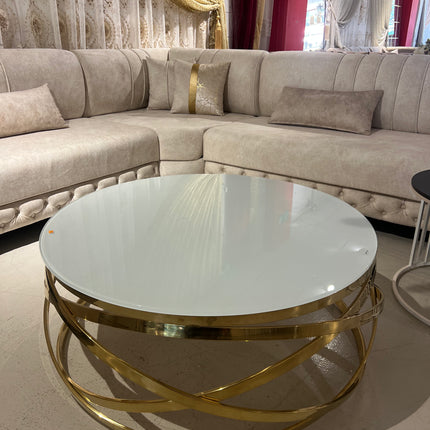 Mesa de centro de cristal blanco y patas acero dorado