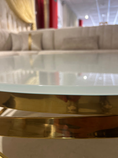 Mesa de centro de cristal blanco y patas acero dorado