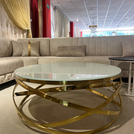Mesa de centro de cristal blanco y patas acero dorado