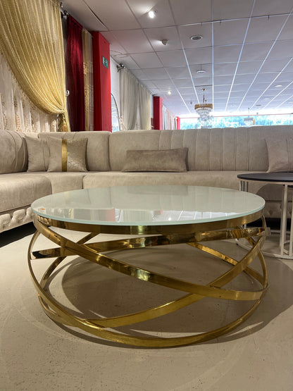 Mesa de centro de cristal blanco y patas acero dorado