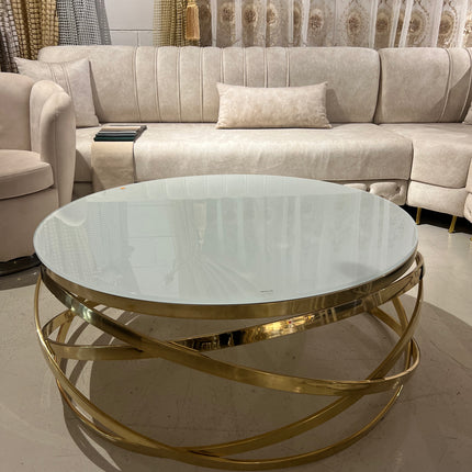 Mesa de centro de cristal blanco y patas acero dorado