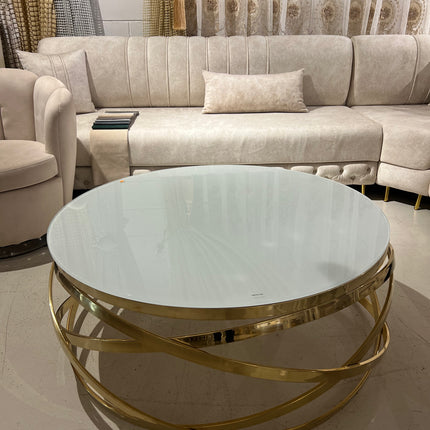 Mesa de centro de cristal blanco y patas acero dorado