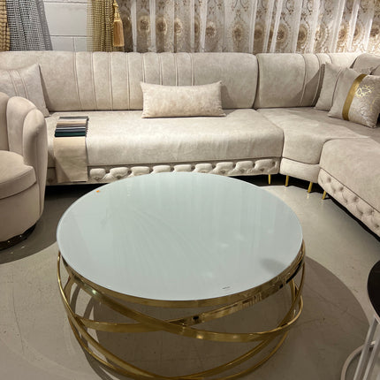 Mesa de centro de cristal blanco y patas acero dorado