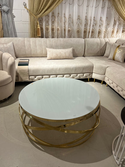 Mesa de centro de cristal blanco y patas acero dorado