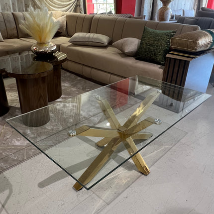 Mesa de centro de cristal y patas acero inoxidable dorado