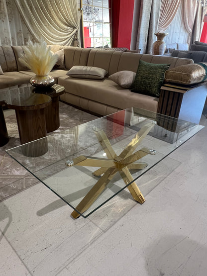 Mesa de centro de cristal y patas acero inoxidable dorado