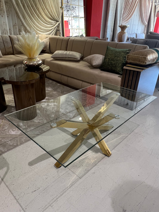 Mesa de centro de cristal y patas acero inoxidable dorado
