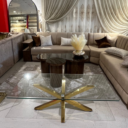 Mesa de centro de cristal y patas acero inoxidable dorado
