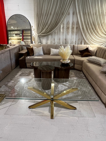 Mesa de centro de cristal y patas acero inoxidable dorado