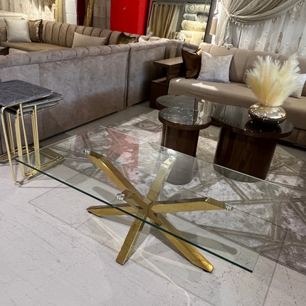 Mesa de centro de cristal y patas acero inoxidable dorado