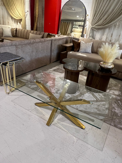 Mesa de centro de cristal y patas acero inoxidable dorado