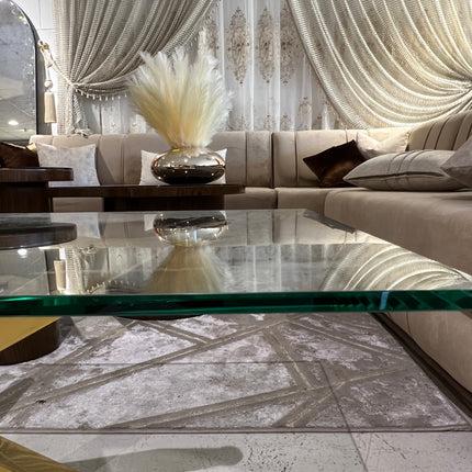 Mesa de centro de cristal y patas acero inoxidable dorado