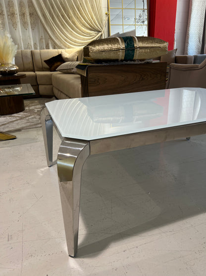 Mesa de centro de cristal blanco y patas acero plateado