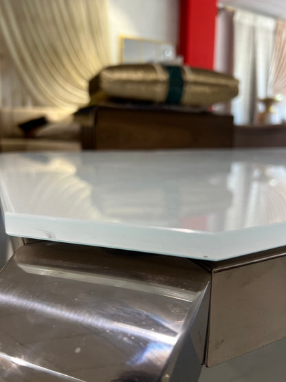 Mesa de centro de cristal blanco y patas acero plateado