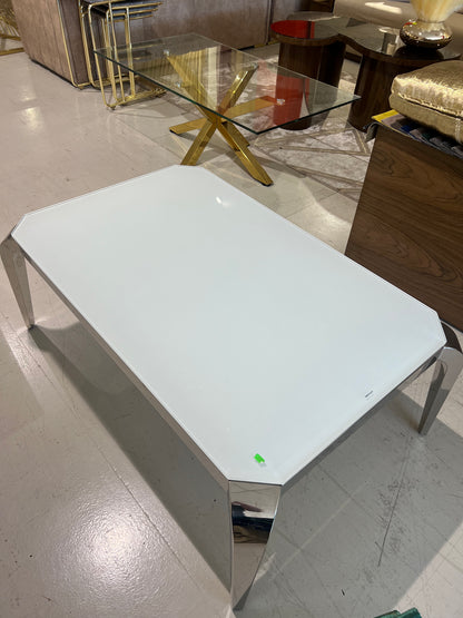 Mesa de centro de cristal blanco y patas acero plateado