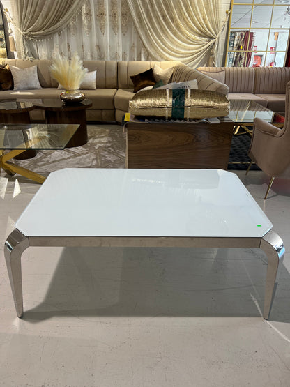 Mesa de centro de cristal blanco y patas acero plateado