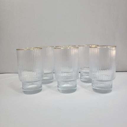 Set de 6 Vasos de Cristal Acanalado con Borde Dorado