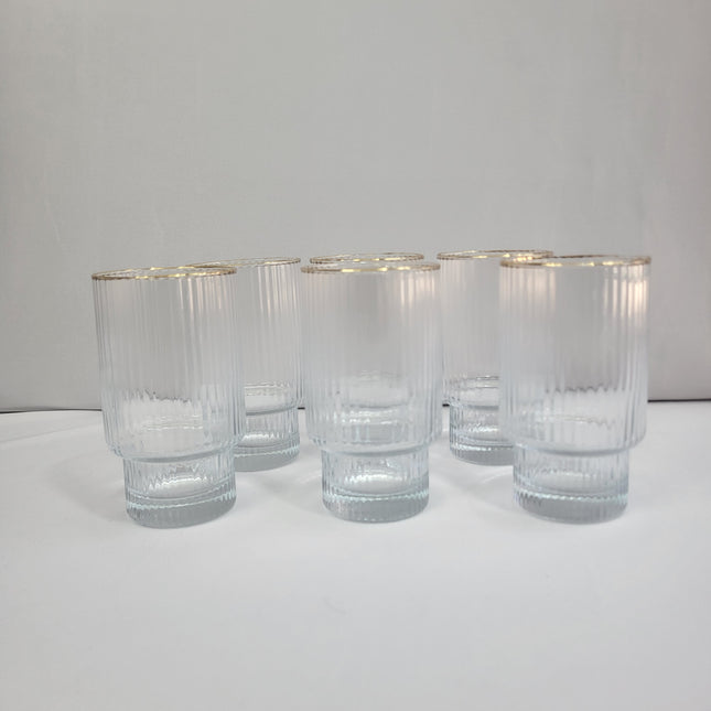 Set de 6 Vasos de Cristal Acanalado con Borde Dorado