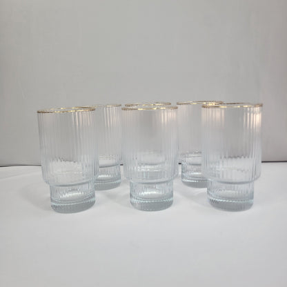 Set de 6 Vasos de Cristal Acanalado con Borde Dorado